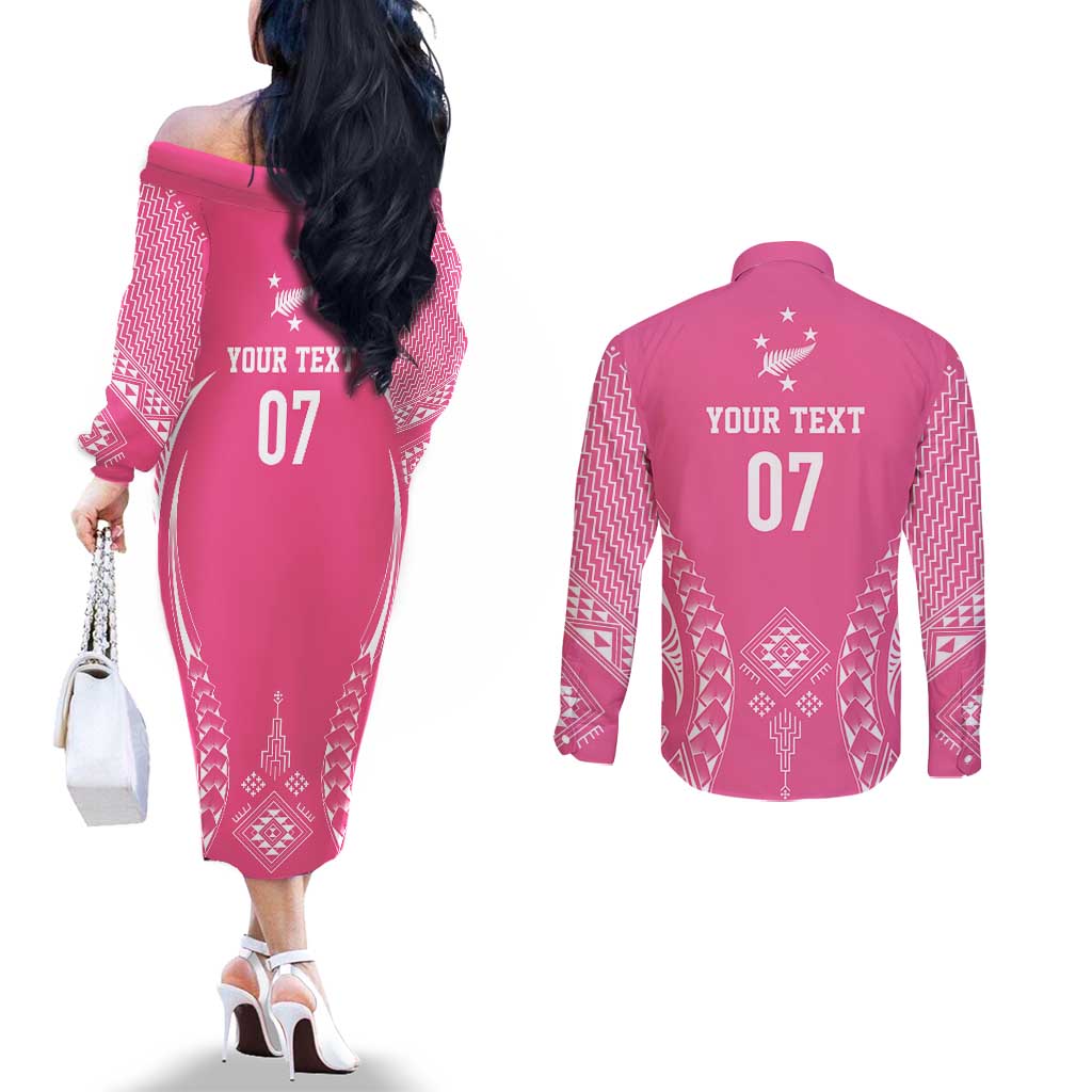 2025 Rugby Championship New Zealand Custom Couples Matching Off The Shoulder Long Sleeve Dress and Long Sleeve Button Shirt Poutama Motifs - Pink Out - Aussie Hoodie