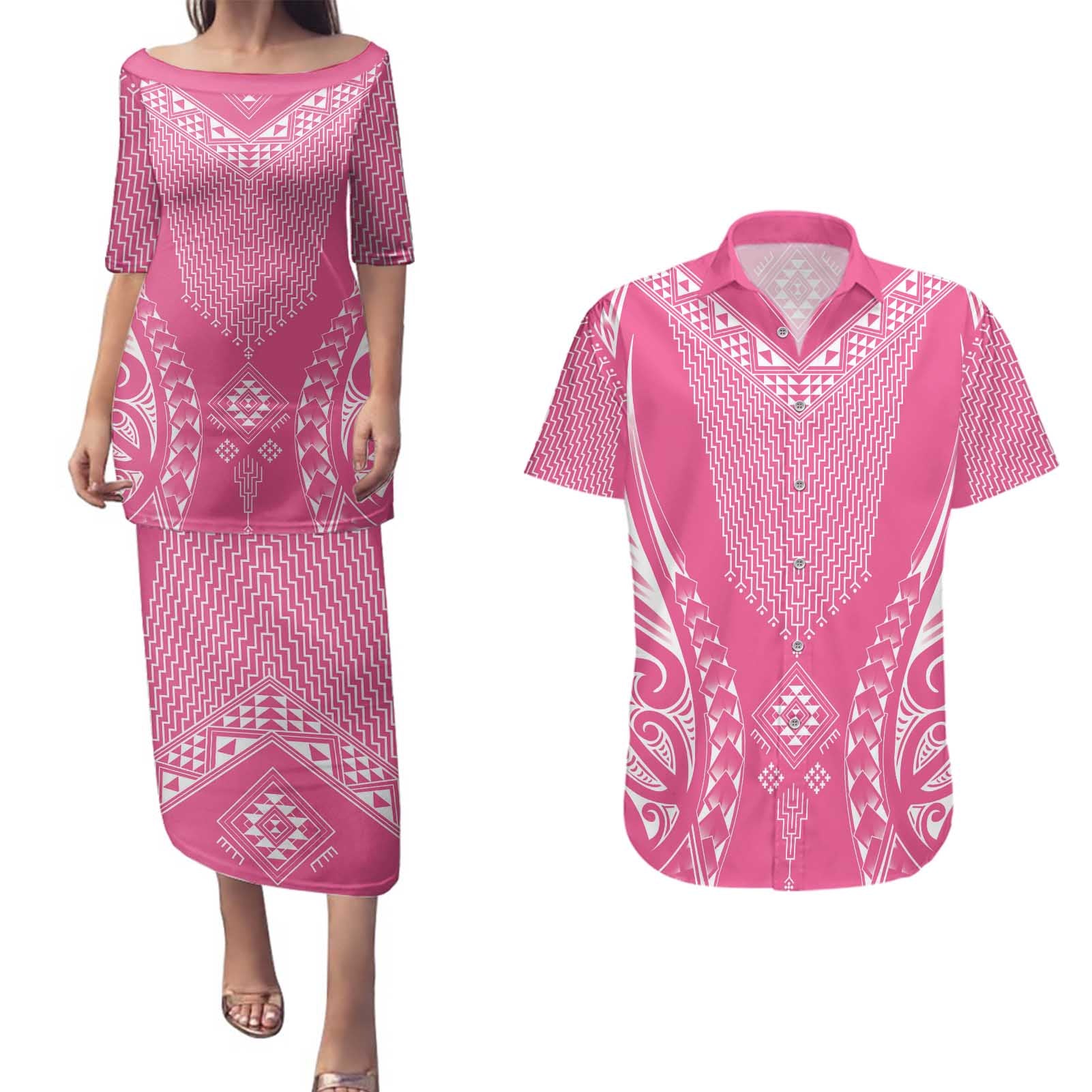 2025 Rugby Championship New Zealand Custom Couples Matching Puletasi and Hawaiian Shirt Poutama Motifs - Pink Out - Aussie Hoodie