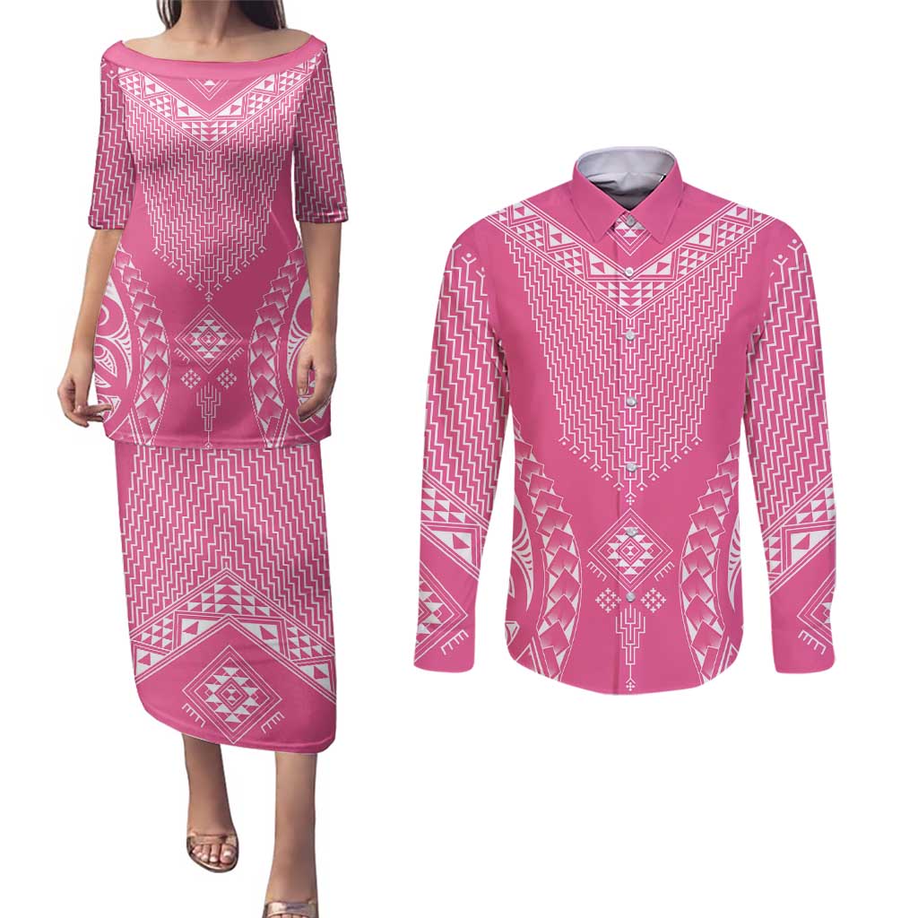 2025 Rugby Championship New Zealand Custom Couples Matching Puletasi and Long Sleeve Button Shirt Poutama Motifs - Pink Out - Aussie Hoodie
