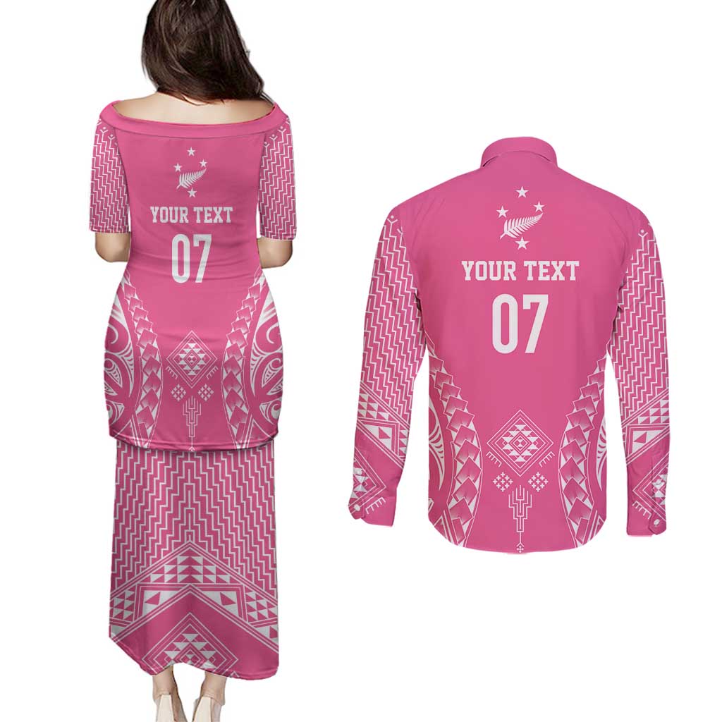 2025 Rugby Championship New Zealand Custom Couples Matching Puletasi and Long Sleeve Button Shirt Poutama Motifs - Pink Out - Aussie Hoodie