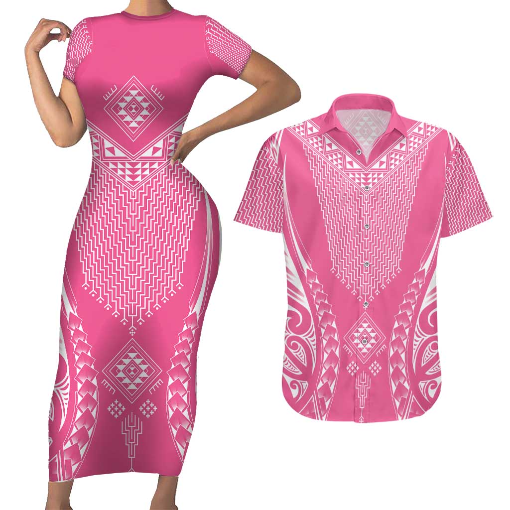 2025 Rugby Championship New Zealand Custom Couples Matching Short Sleeve Bodycon Dress and Hawaiian Shirt Poutama Motifs - Pink Out - Aussie Hoodie