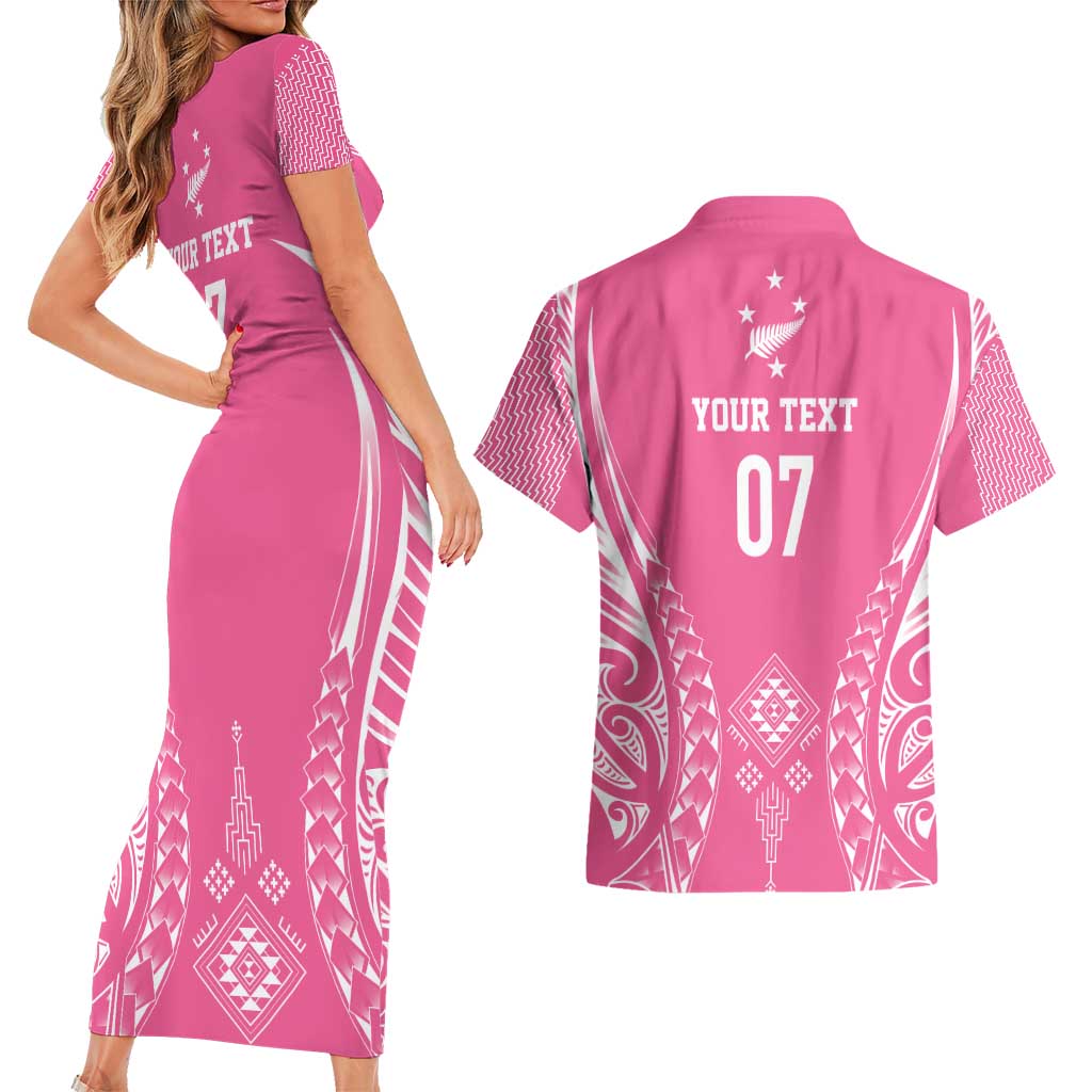2025 Rugby Championship New Zealand Custom Couples Matching Short Sleeve Bodycon Dress and Hawaiian Shirt Poutama Motifs - Pink Out - Aussie Hoodie