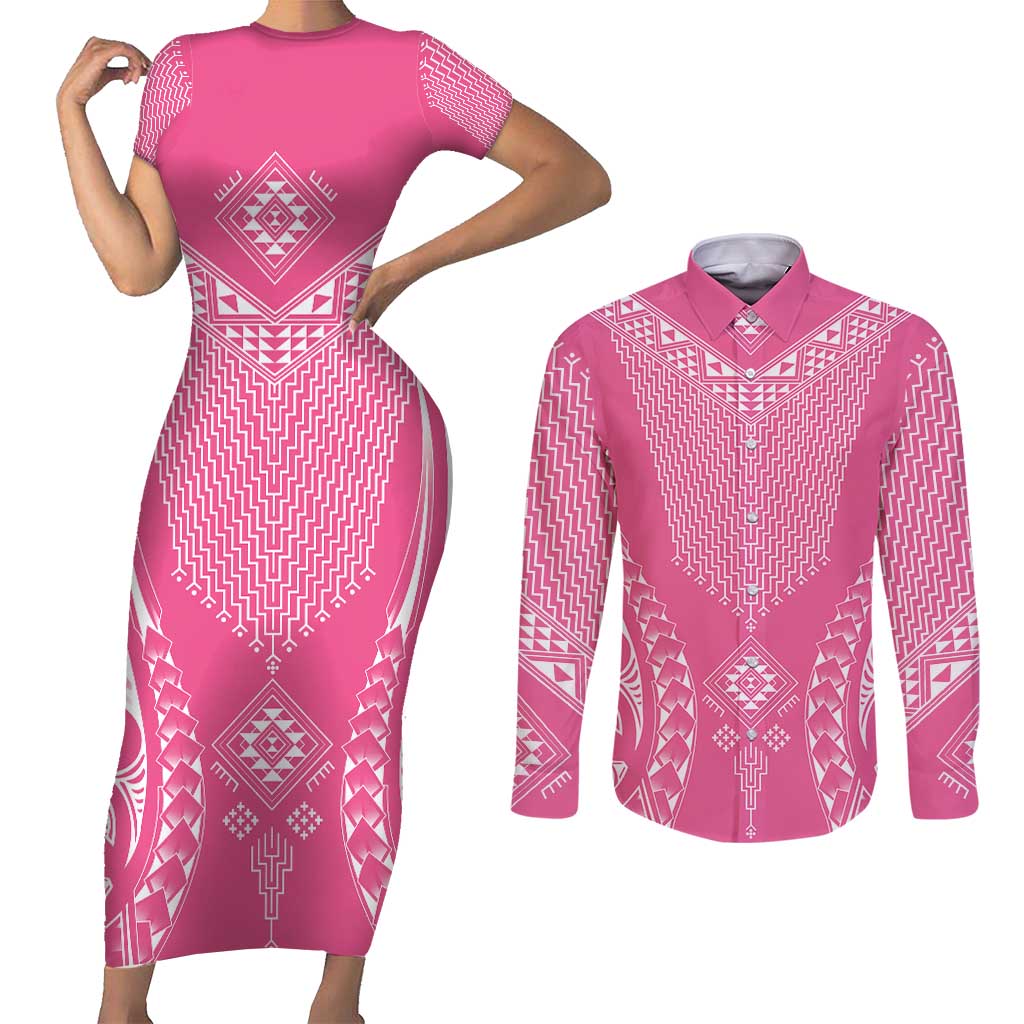 2025 Rugby Championship New Zealand Custom Couples Matching Short Sleeve Bodycon Dress and Long Sleeve Button Shirt Poutama Motifs - Pink Out - Aussie Hoodie