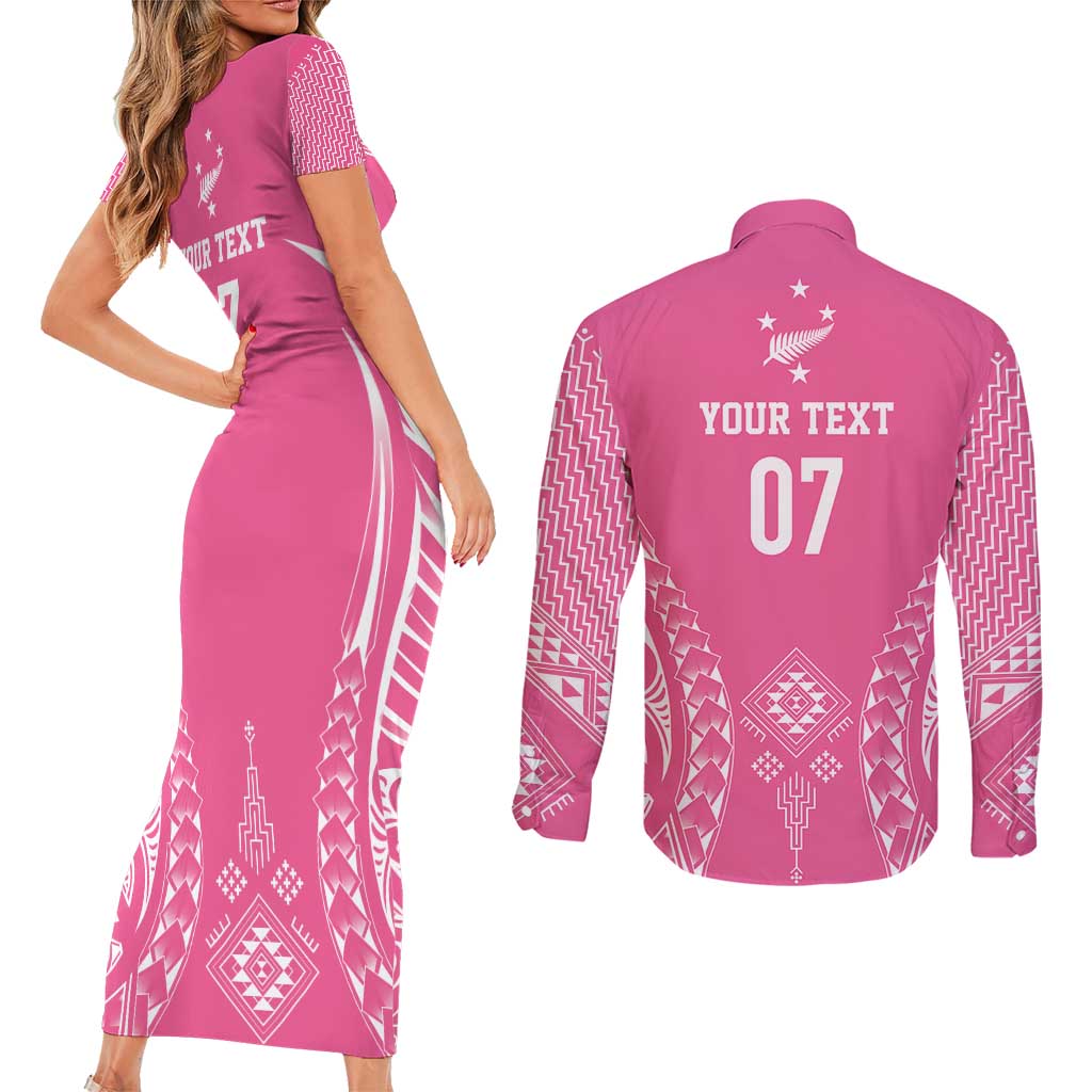 2025 Rugby Championship New Zealand Custom Couples Matching Short Sleeve Bodycon Dress and Long Sleeve Button Shirt Poutama Motifs - Pink Out - Aussie Hoodie