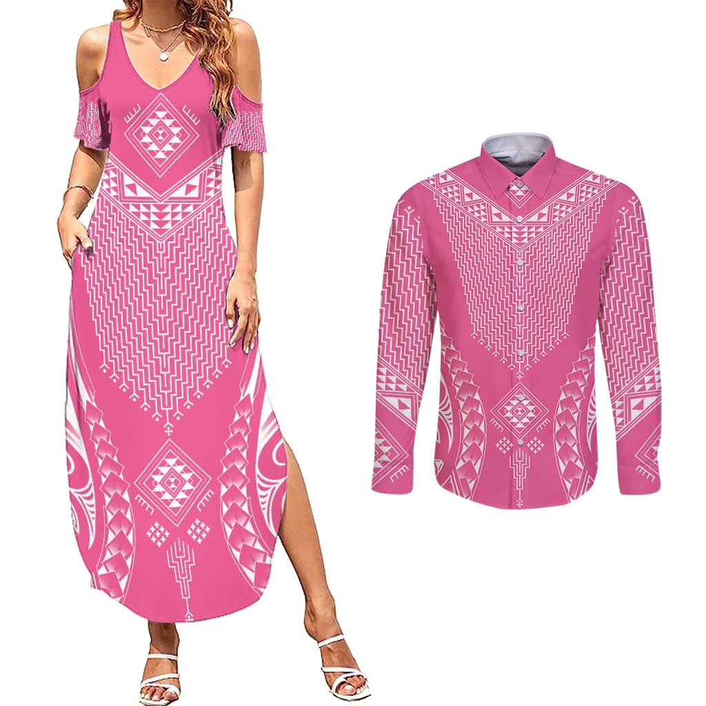 2025 Rugby Championship New Zealand Custom Couples Matching Summer Maxi Dress and Long Sleeve Button Shirt Poutama Motifs - Pink Out - Aussie Hoodie