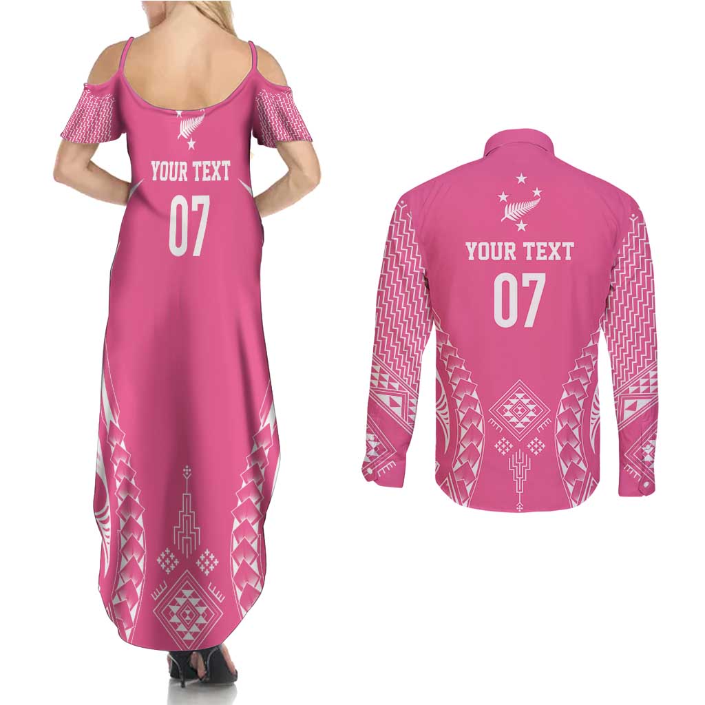 2025 Rugby Championship New Zealand Custom Couples Matching Summer Maxi Dress and Long Sleeve Button Shirt Poutama Motifs - Pink Out - Aussie Hoodie