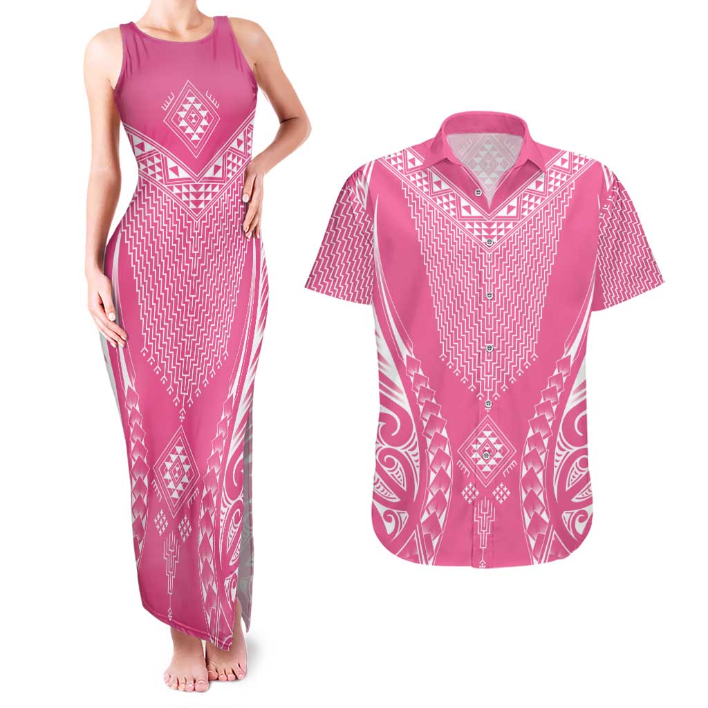 2025 Rugby Championship New Zealand Custom Couples Matching Tank Maxi Dress and Hawaiian Shirt Poutama Motifs - Pink Out - Aussie Hoodie