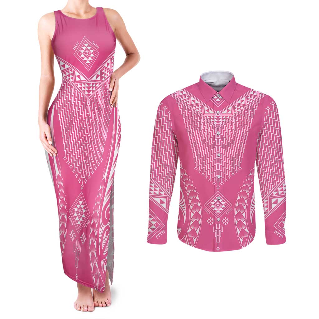 2025 Rugby Championship New Zealand Custom Couples Matching Tank Maxi Dress and Long Sleeve Button Shirt Poutama Motifs - Pink Out - Aussie Hoodie