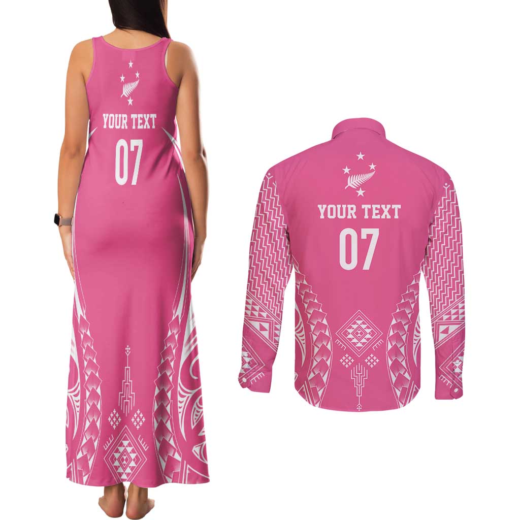 2025 Rugby Championship New Zealand Custom Couples Matching Tank Maxi Dress and Long Sleeve Button Shirt Poutama Motifs - Pink Out - Aussie Hoodie