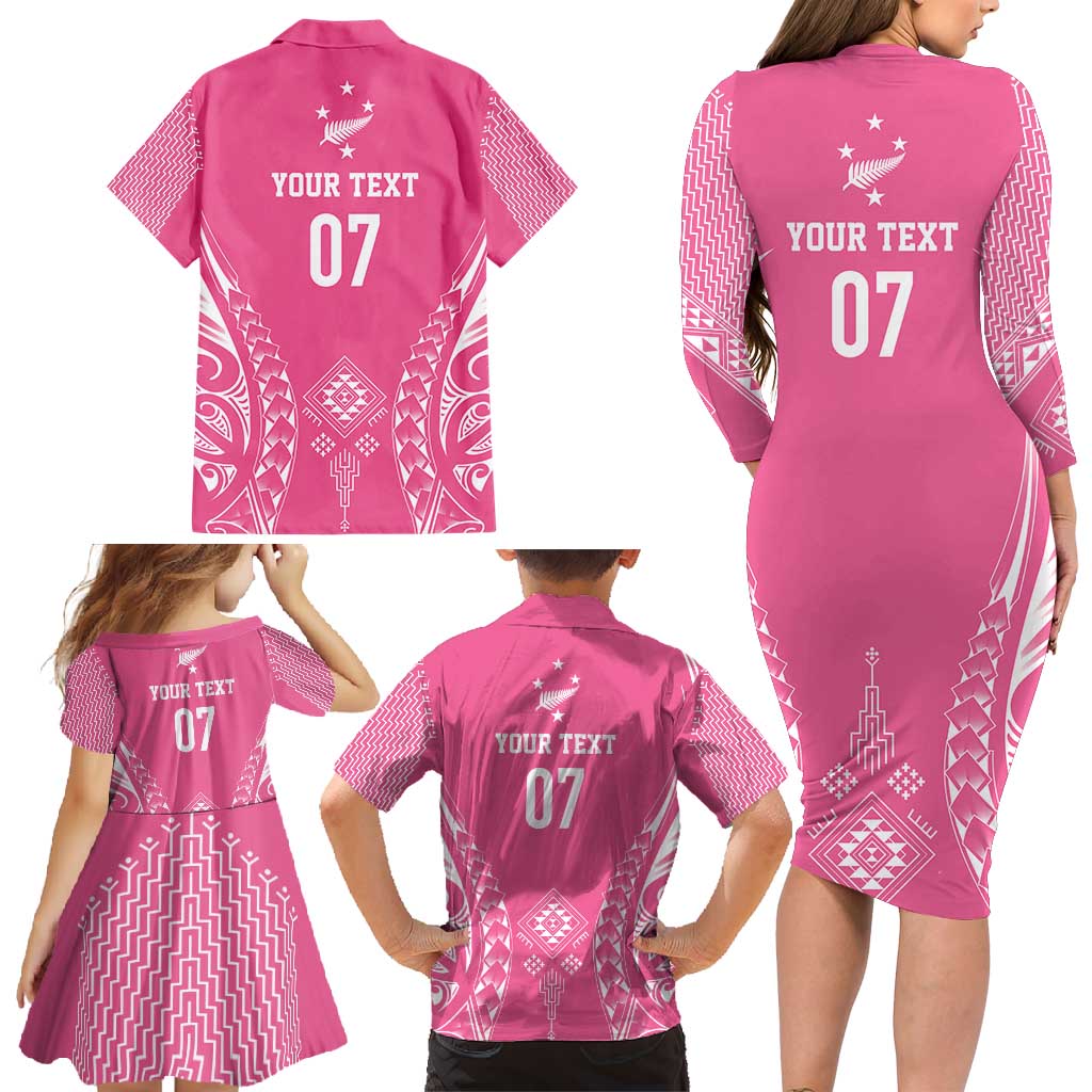 2025 Rugby Championship New Zealand Custom Family Matching Long Sleeve Bodycon Dress and Hawaiian Shirt Poutama Motifs - Pink Out - Aussie Hoodie
