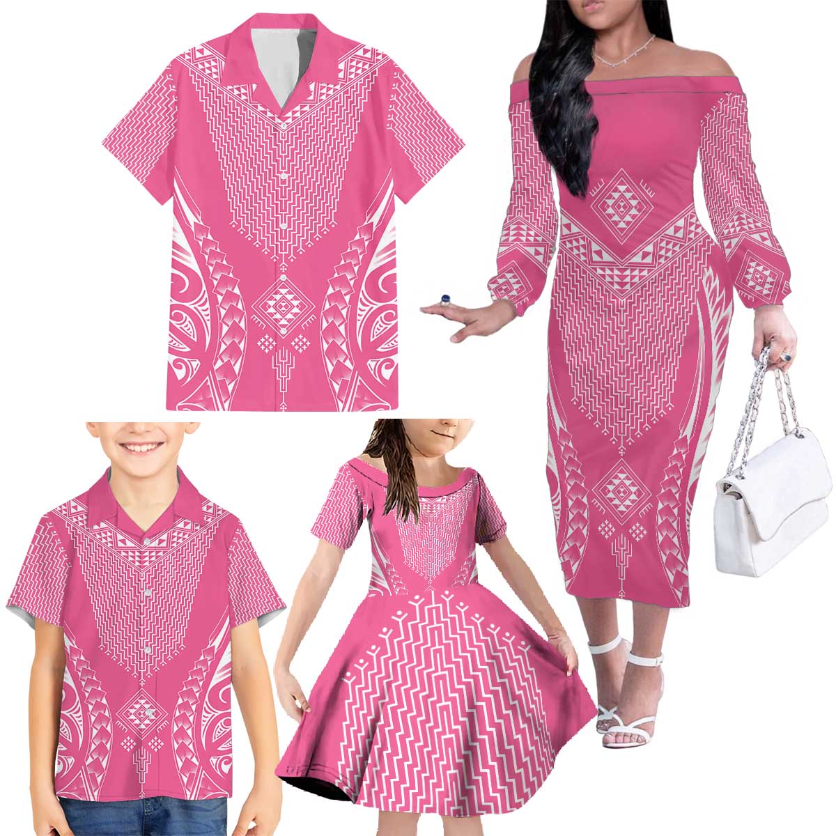 2025 Rugby Championship New Zealand Custom Family Matching Off The Shoulder Long Sleeve Dress and Hawaiian Shirt Poutama Motifs - Pink Out - Aussie Hoodie