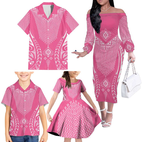 2025 Rugby Championship New Zealand Custom Family Matching Off The Shoulder Long Sleeve Dress and Hawaiian Shirt Poutama Motifs - Pink Out - Aussie Hoodie