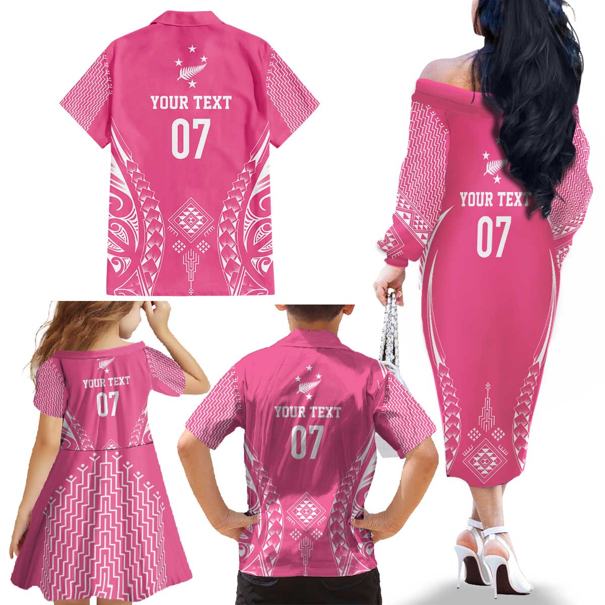 2025 Rugby Championship New Zealand Custom Family Matching Off The Shoulder Long Sleeve Dress and Hawaiian Shirt Poutama Motifs - Pink Out - Aussie Hoodie