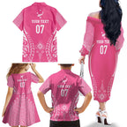 2025 Rugby Championship New Zealand Custom Family Matching Off The Shoulder Long Sleeve Dress and Hawaiian Shirt Poutama Motifs - Pink Out - Aussie Hoodie