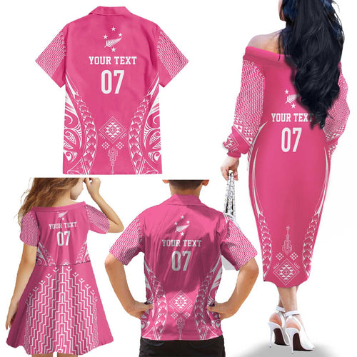2025 Rugby Championship New Zealand Custom Family Matching Off The Shoulder Long Sleeve Dress and Hawaiian Shirt Poutama Motifs - Pink Out - Aussie Hoodie