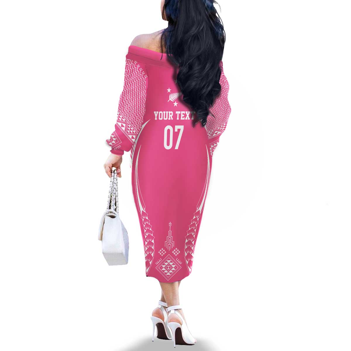 2025 Rugby Championship New Zealand Custom Family Matching Off The Shoulder Long Sleeve Dress and Hawaiian Shirt Poutama Motifs - Pink Out - Aussie Hoodie