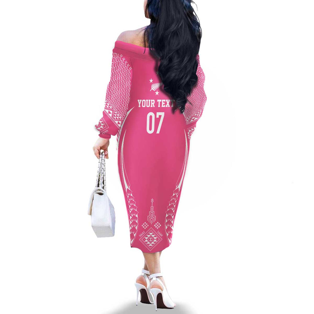 2025 Rugby Championship New Zealand Custom Family Matching Off The Shoulder Long Sleeve Dress and Hawaiian Shirt Poutama Motifs - Pink Out - Aussie Hoodie