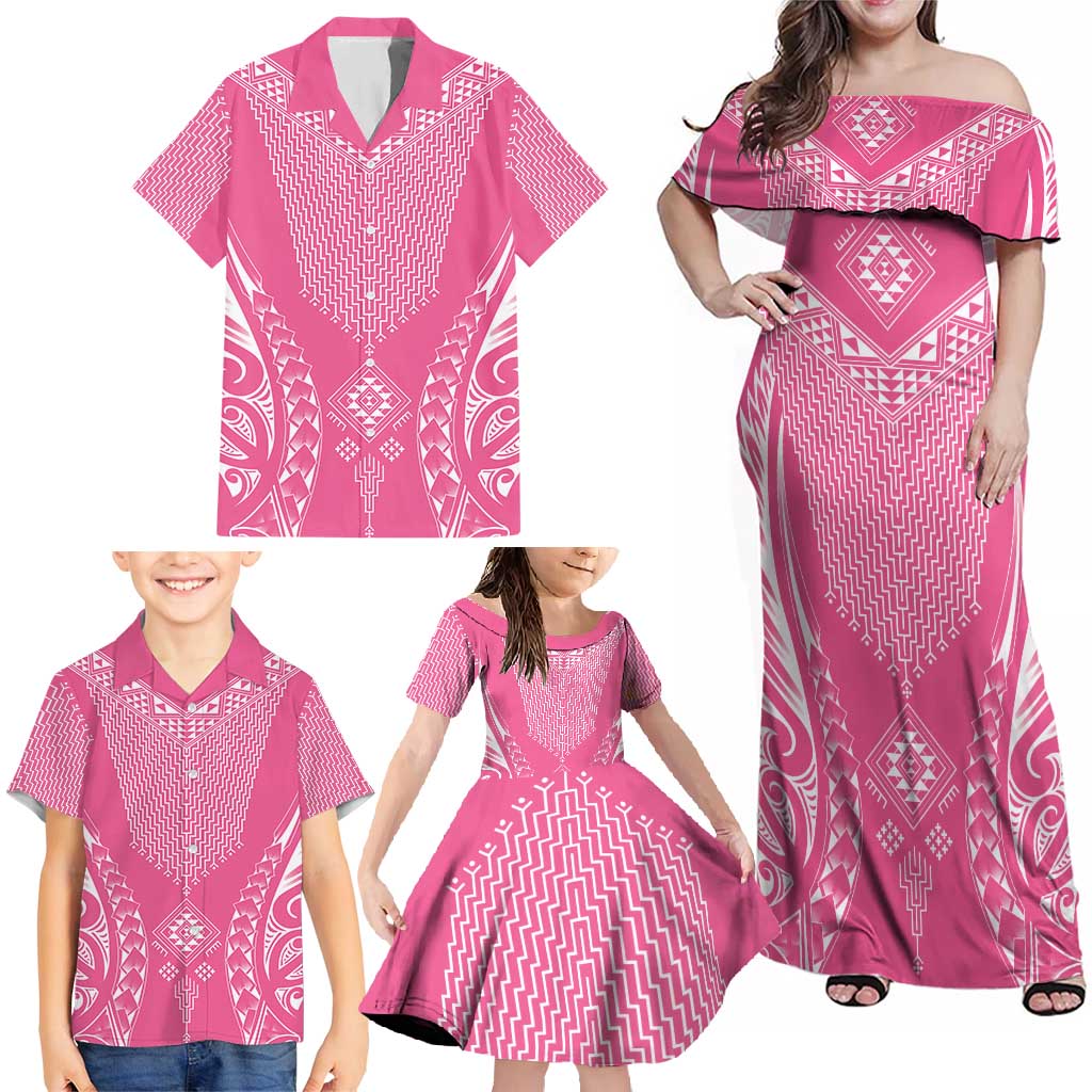 2025 Rugby Championship New Zealand Custom Family Matching Off Shoulder Maxi Dress and Hawaiian Shirt Poutama Motifs - Pink Out - Aussie Hoodie