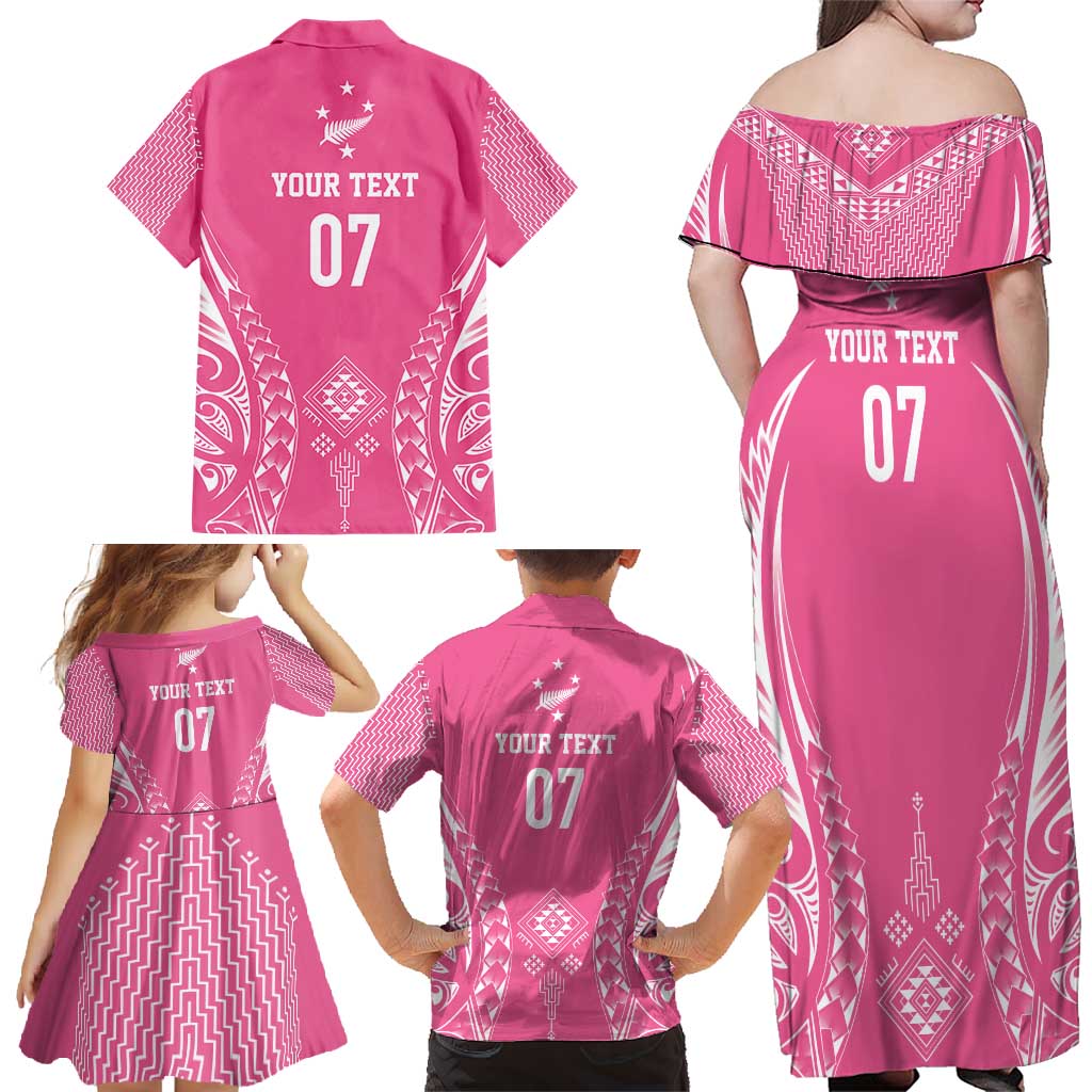 2025 Rugby Championship New Zealand Custom Family Matching Off Shoulder Maxi Dress and Hawaiian Shirt Poutama Motifs - Pink Out - Aussie Hoodie