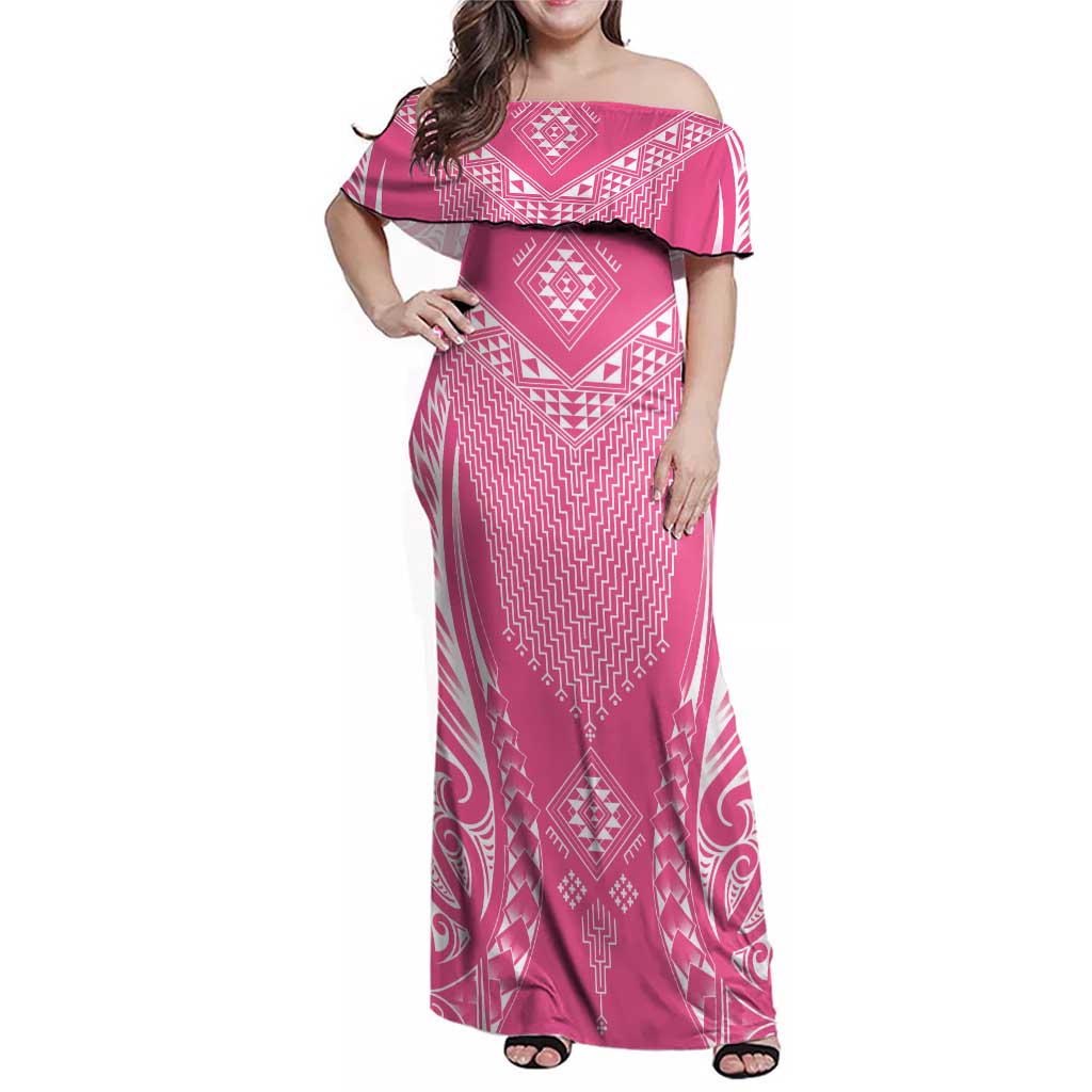 2025 Rugby Championship New Zealand Custom Family Matching Off Shoulder Maxi Dress and Hawaiian Shirt Poutama Motifs - Pink Out - Aussie Hoodie