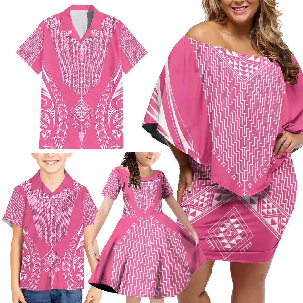 2025 Rugby Championship New Zealand Custom Family Matching Off Shoulder Short Dress and Hawaiian Shirt Poutama Motifs - Pink Out - Aussie Hoodie