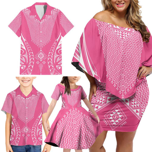 2025 Rugby Championship New Zealand Custom Family Matching Off Shoulder Short Dress and Hawaiian Shirt Poutama Motifs - Pink Out - Aussie Hoodie
