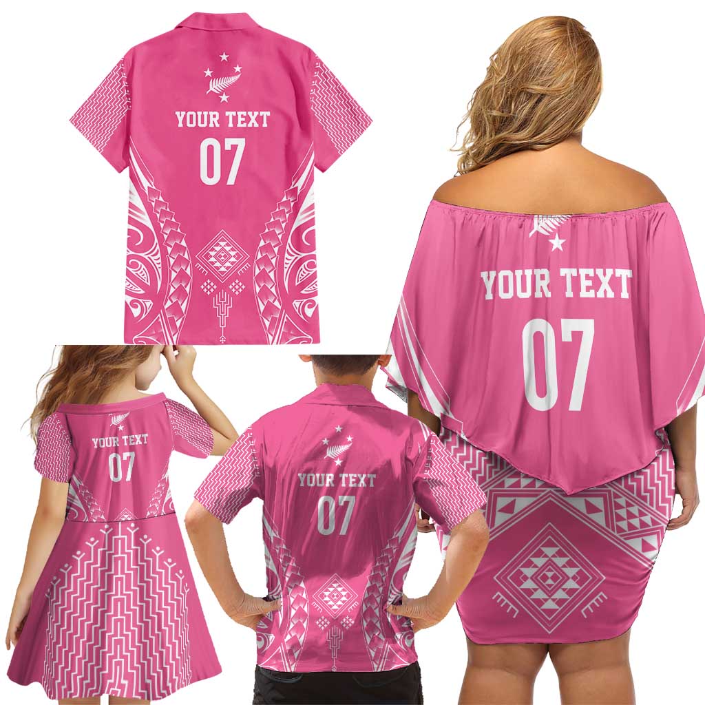 2025 Rugby Championship New Zealand Custom Family Matching Off Shoulder Short Dress and Hawaiian Shirt Poutama Motifs - Pink Out - Aussie Hoodie