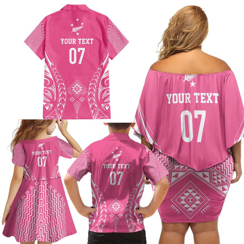 2025 Rugby Championship New Zealand Custom Family Matching Off Shoulder Short Dress and Hawaiian Shirt Poutama Motifs - Pink Out - Aussie Hoodie
