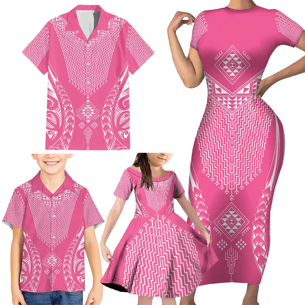 2025 Rugby Championship New Zealand Custom Family Matching Short Sleeve Bodycon Dress and Hawaiian Shirt Poutama Motifs - Pink Out - Aussie Hoodie