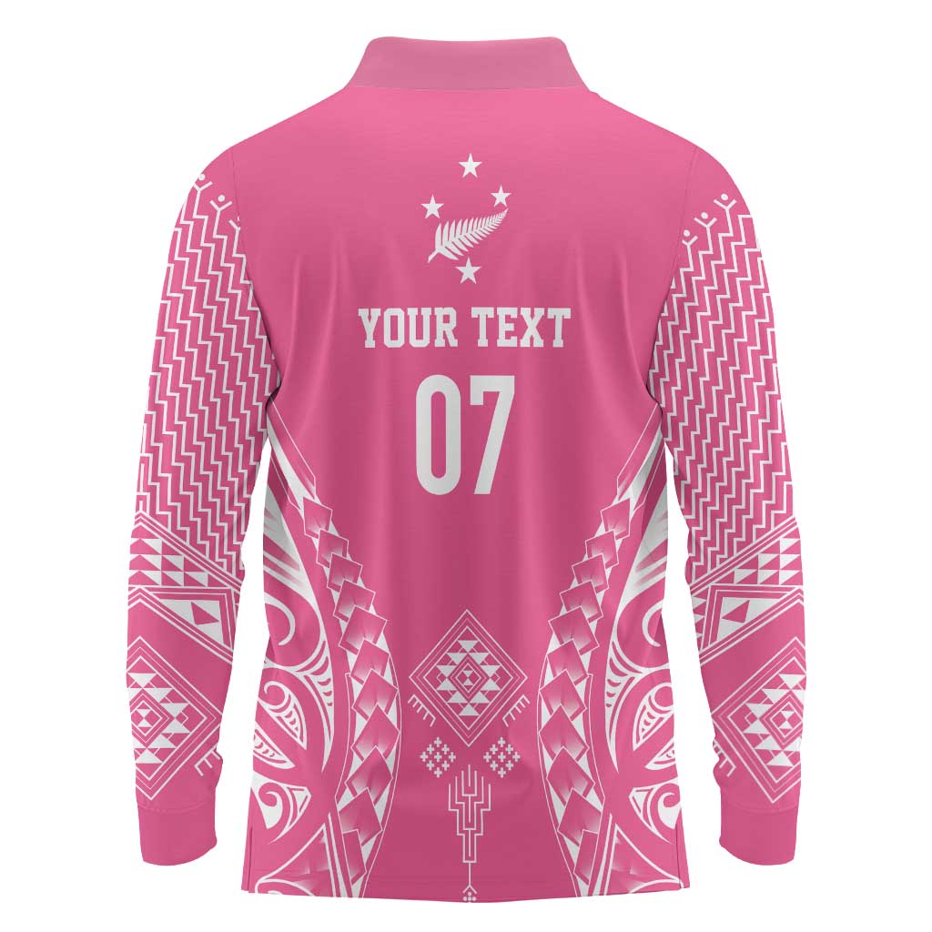 2025 Rugby Championship New Zealand Custom Long Sleeve Polo Shirt Poutama Motifs - Pink Out - Aussie Hoodie