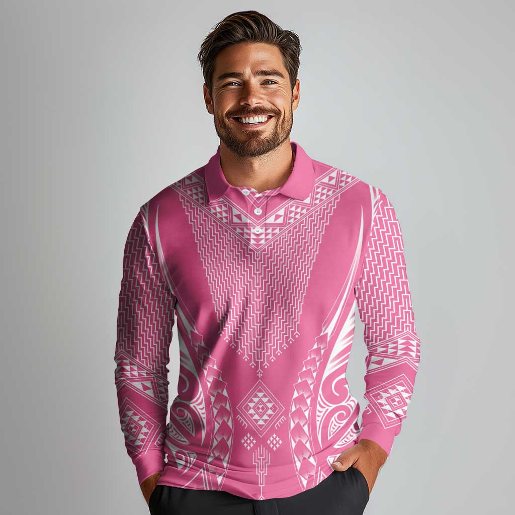 2025 Rugby Championship New Zealand Custom Long Sleeve Polo Shirt Poutama Motifs - Pink Out - Aussie Hoodie