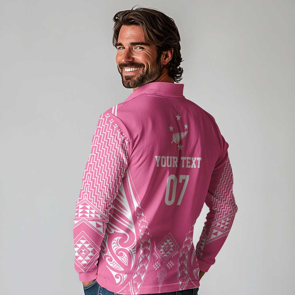 2025 Rugby Championship New Zealand Custom Long Sleeve Polo Shirt Poutama Motifs - Pink Out - Aussie Hoodie