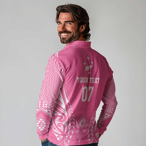2025 Rugby Championship New Zealand Custom Long Sleeve Polo Shirt Poutama Motifs - Pink Out - Aussie Hoodie