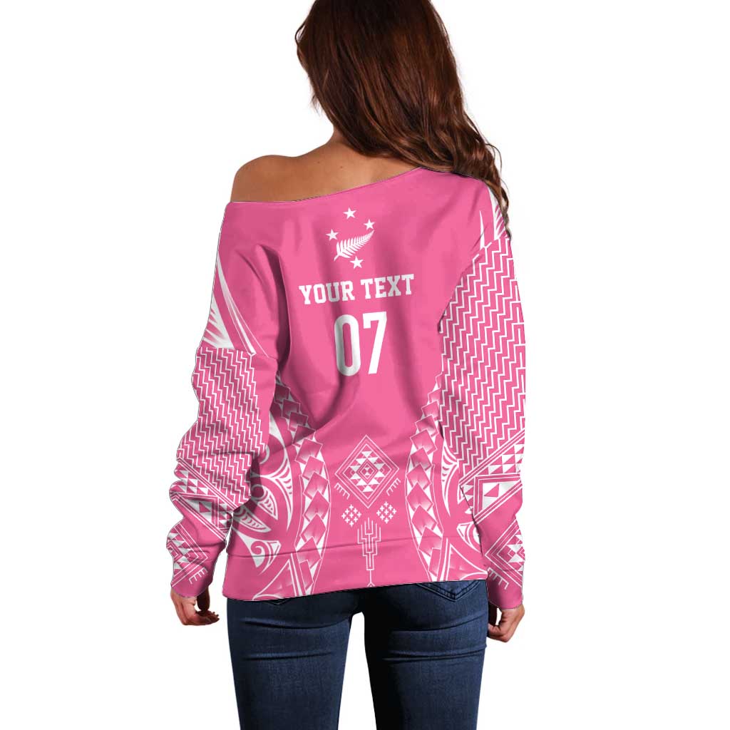2025 Rugby Championship New Zealand Custom Off Shoulder Sweater Poutama Motifs - Pink Out - Aussie Hoodie