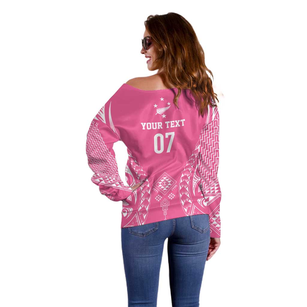 2025 Rugby Championship New Zealand Custom Off Shoulder Sweater Poutama Motifs - Pink Out - Aussie Hoodie