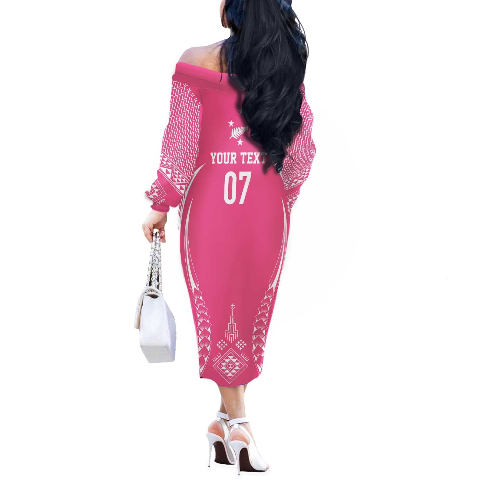2025 Rugby Championship New Zealand Custom Off The Shoulder Long Sleeve Dress Poutama Motifs - Pink Out - Aussie Hoodie