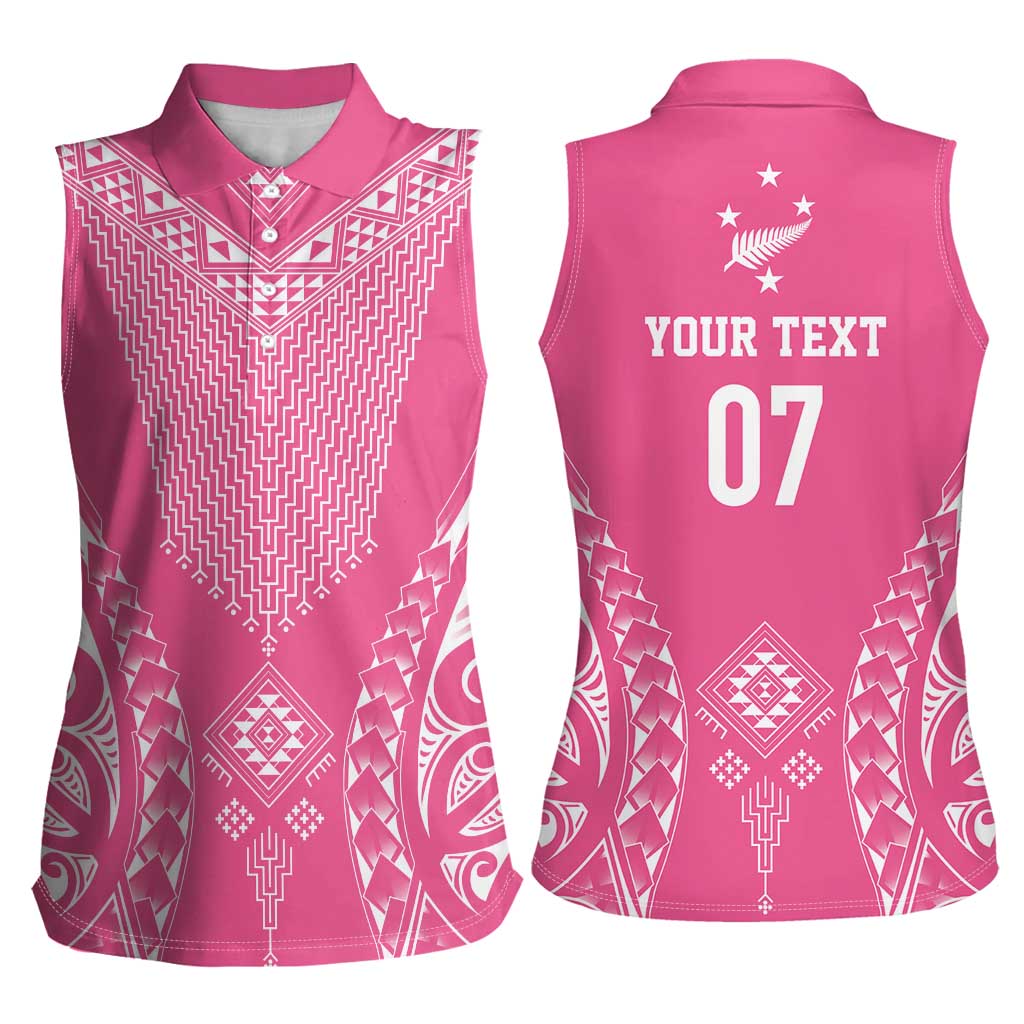 2025 Rugby Championship New Zealand Custom Women Sleeveless Polo Shirt Poutama Motifs - Pink Out - Aussie Hoodie