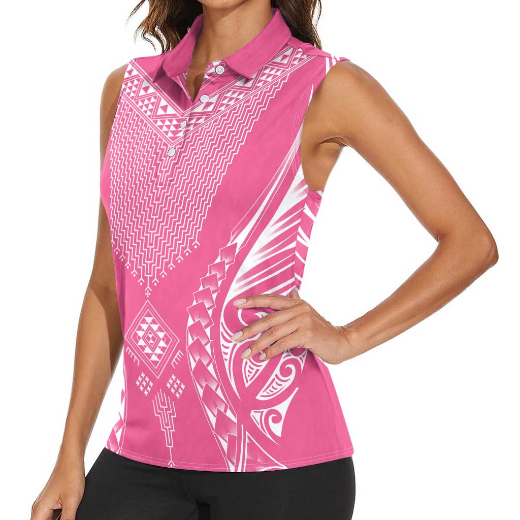 2025 Rugby Championship New Zealand Custom Women Sleeveless Polo Shirt Poutama Motifs - Pink Out - Aussie Hoodie