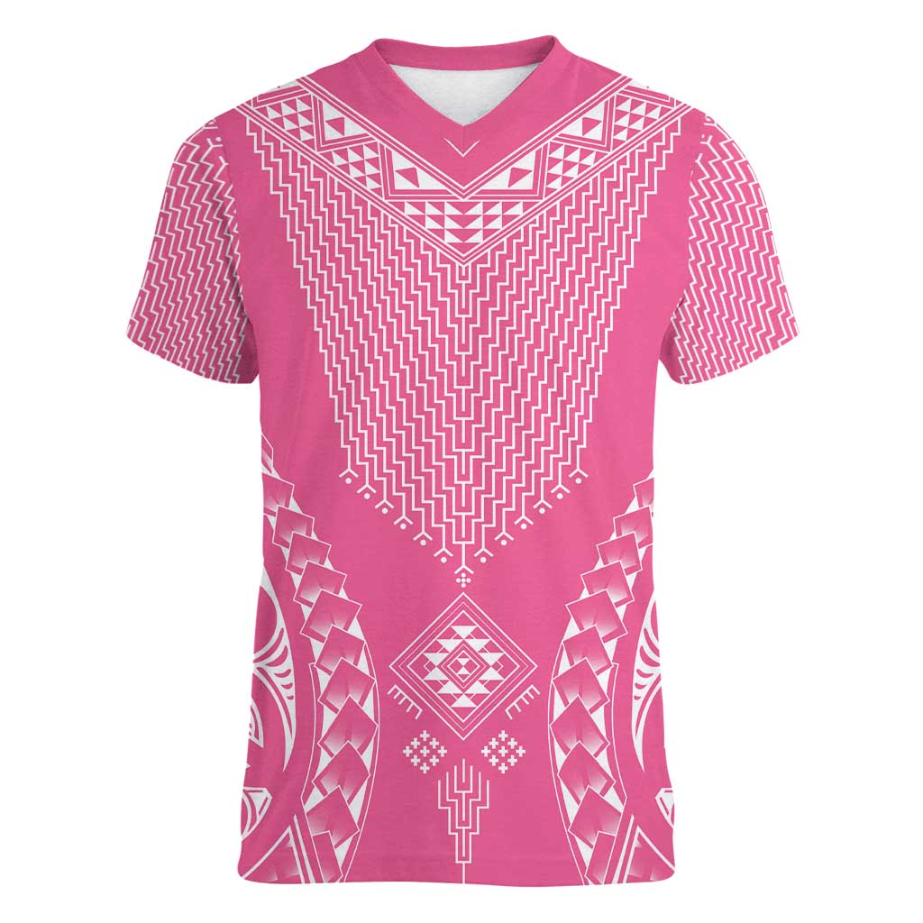 2025 Rugby Championship New Zealand Custom Women V-Neck T-Shirt Poutama Motifs - Pink Out - Aussie Hoodie