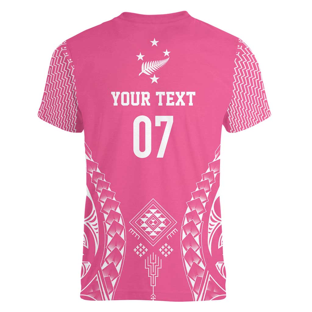 2025 Rugby Championship New Zealand Custom Women V-Neck T-Shirt Poutama Motifs - Pink Out - Aussie Hoodie