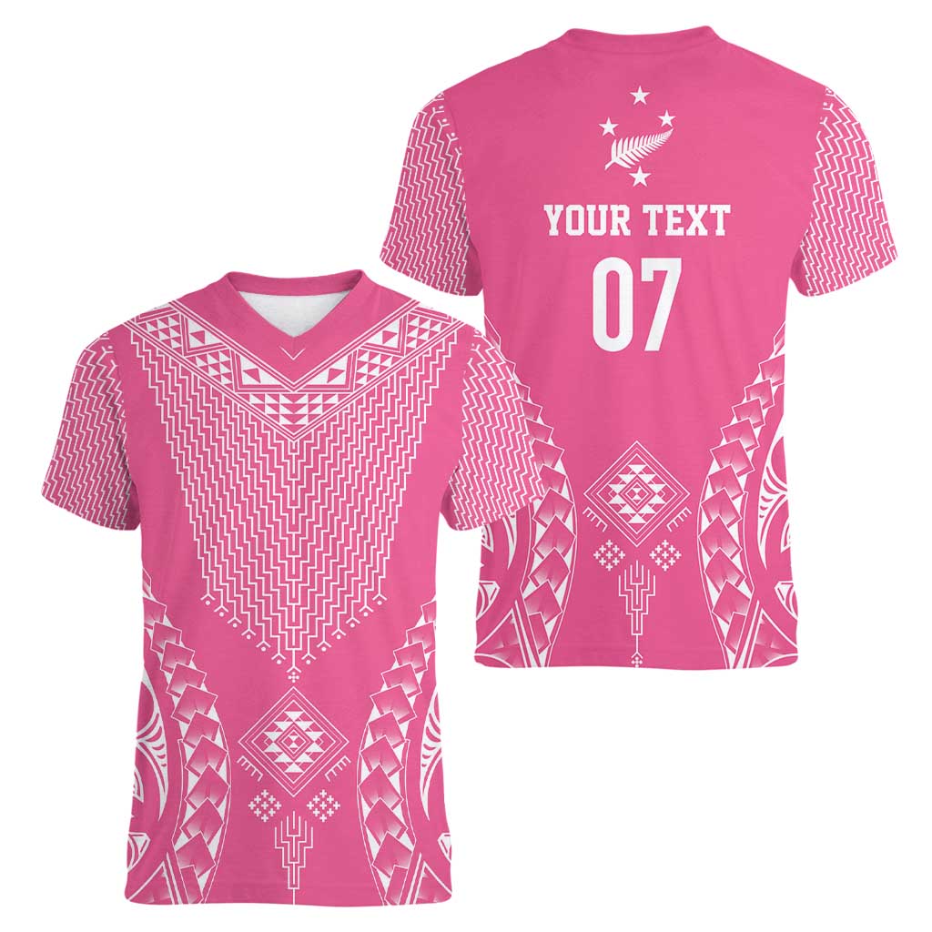 2025 Rugby Championship New Zealand Custom Women V-Neck T-Shirt Poutama Motifs - Pink Out - Aussie Hoodie