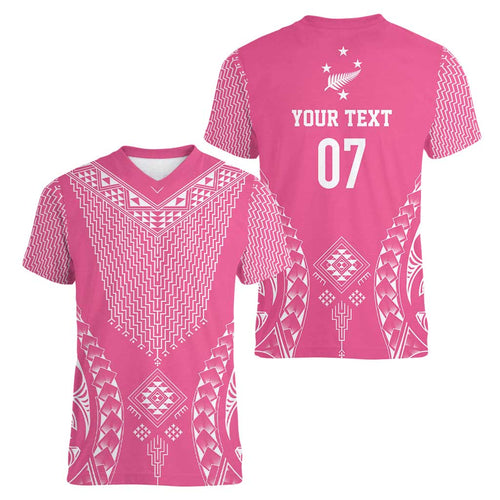 2025 Rugby Championship New Zealand Custom Women V-Neck T-Shirt Poutama Motifs - Pink Out - Aussie Hoodie