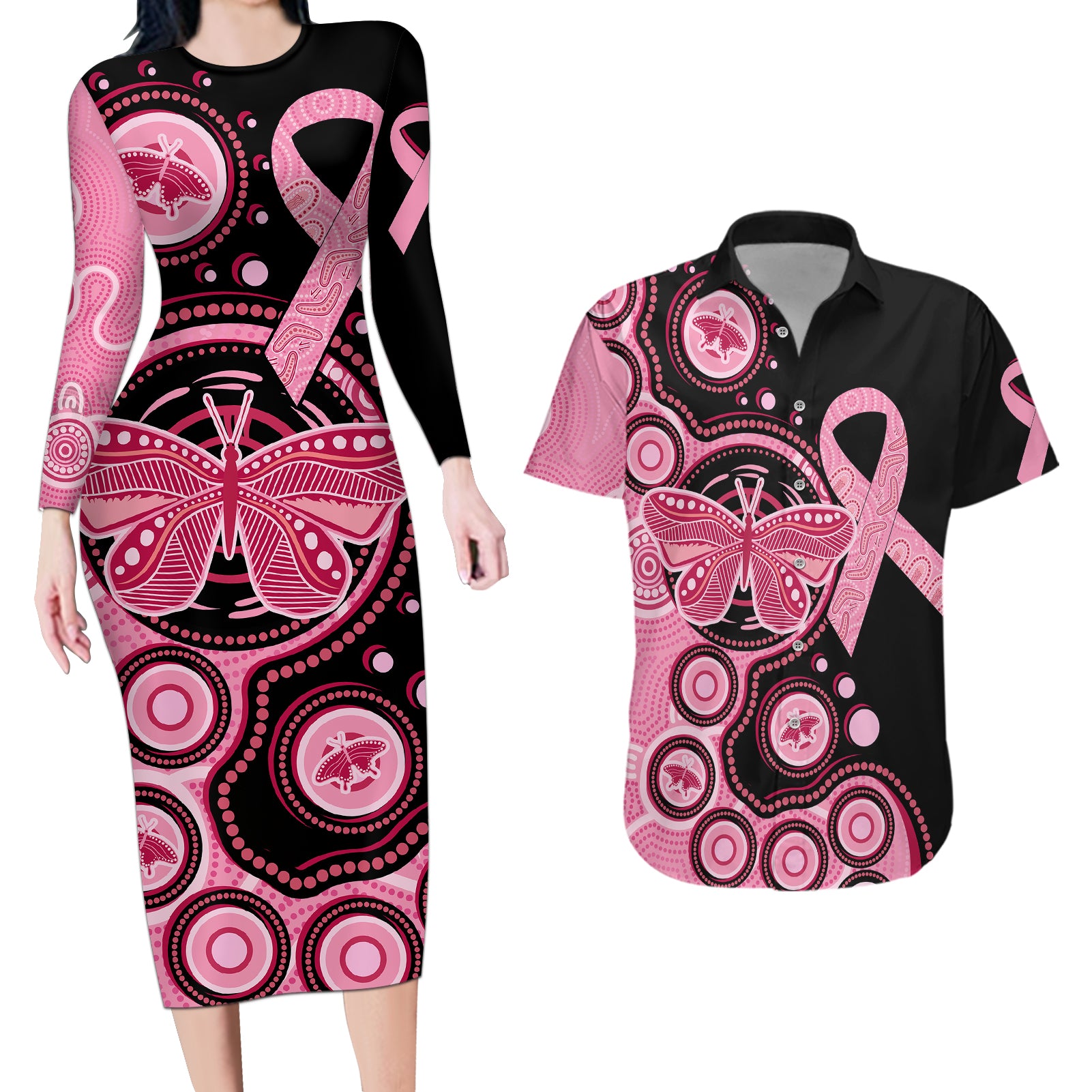 australia-indigenous-couples-matching-long-sleeve-bodycon-dress-and-hawaiian-shirt-breast-cancer-ribbon-butterfly-aboriginal-arts