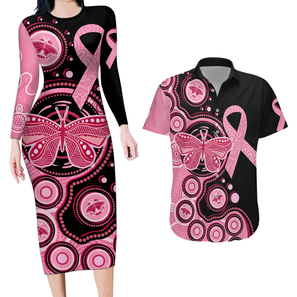 australia-indigenous-couples-matching-long-sleeve-bodycon-dress-and-hawaiian-shirt-breast-cancer-ribbon-butterfly-aboriginal-arts