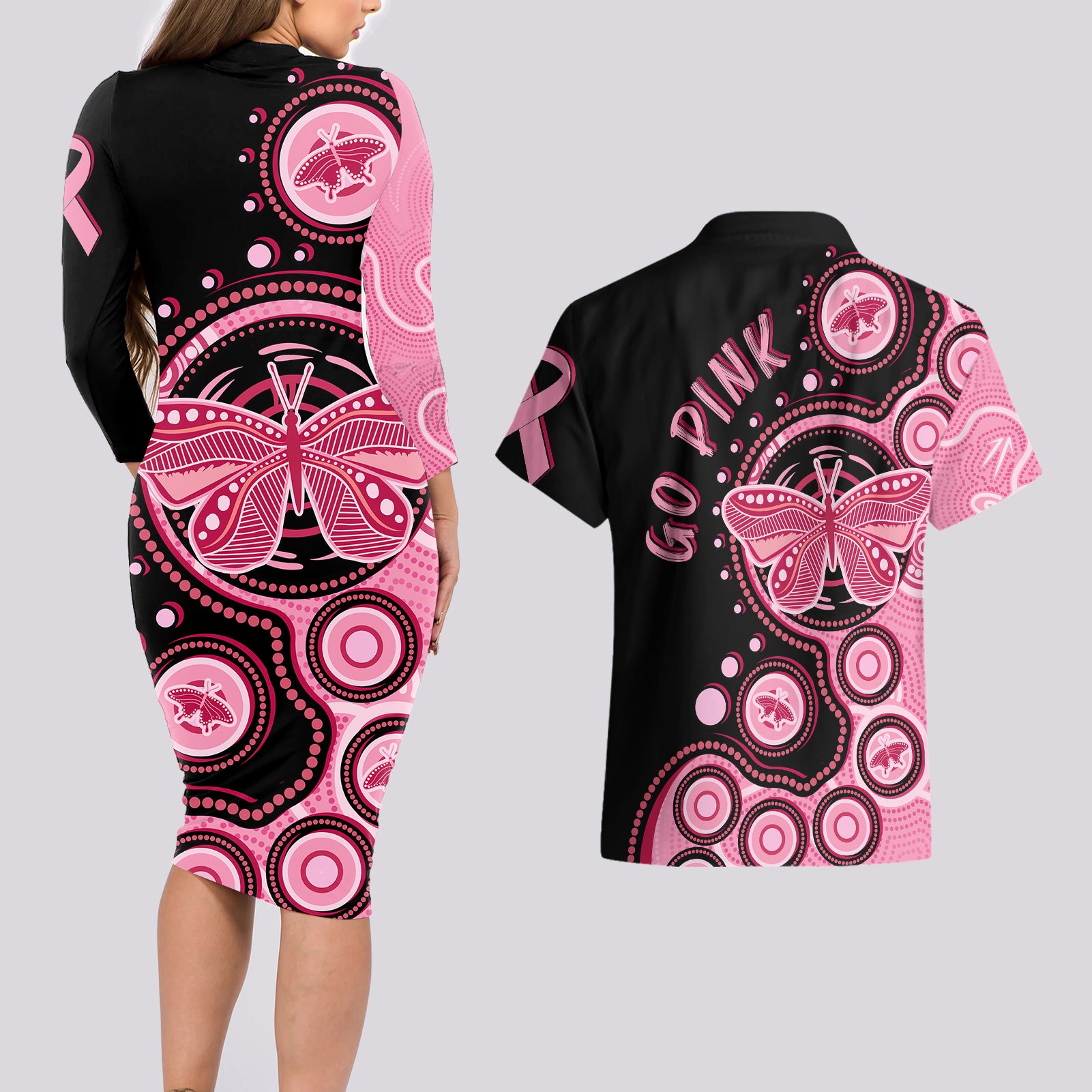australia-indigenous-couples-matching-long-sleeve-bodycon-dress-and-hawaiian-shirt-breast-cancer-ribbon-butterfly-aboriginal-arts