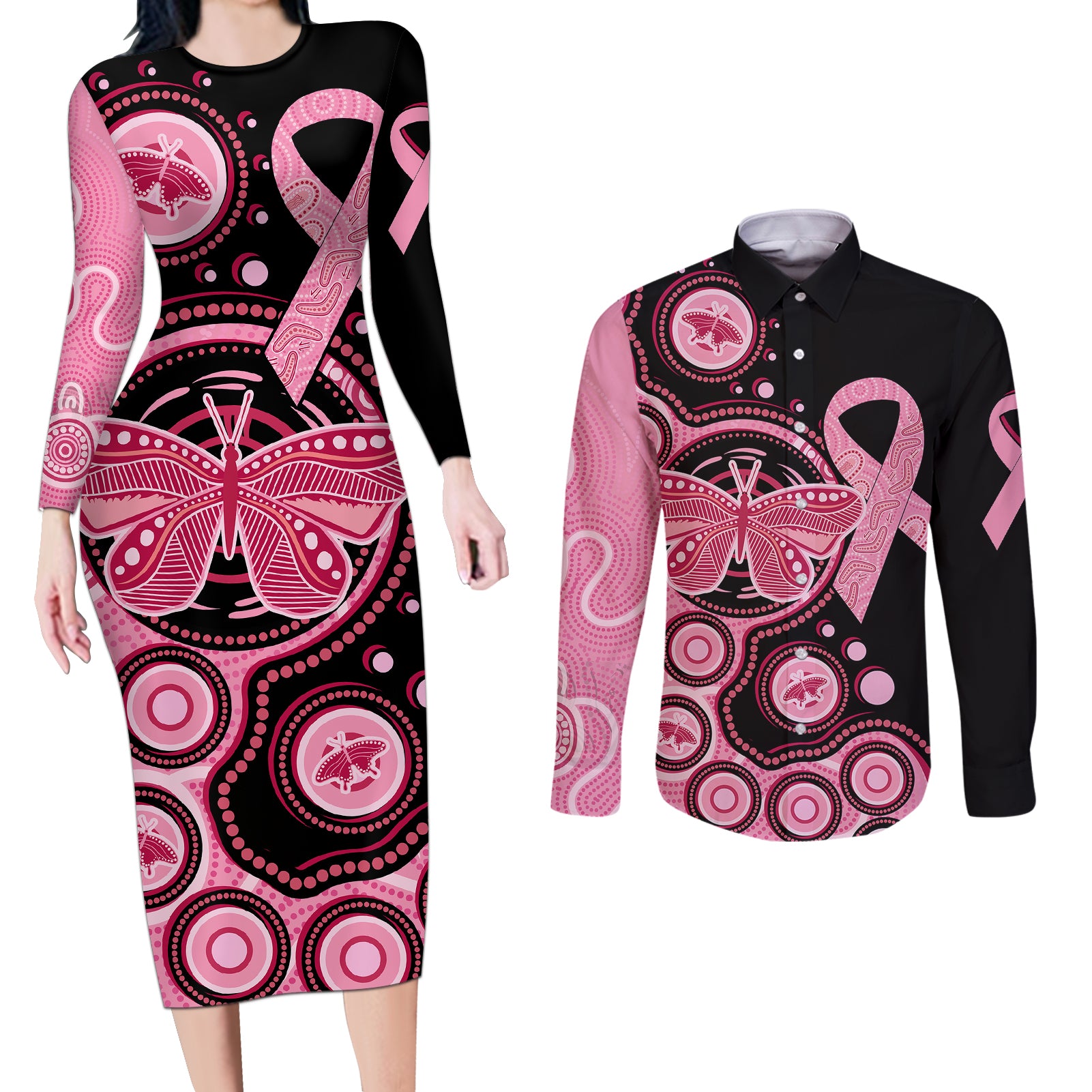 australia-indigenous-couples-matching-long-sleeve-bodycon-dress-and-long-sleeve-button-shirts-breast-cancer-ribbon-butterfly-aboriginal-arts