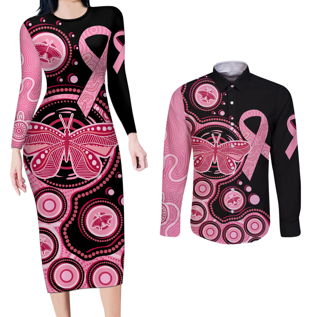 australia-indigenous-couples-matching-long-sleeve-bodycon-dress-and-long-sleeve-button-shirts-breast-cancer-ribbon-butterfly-aboriginal-arts