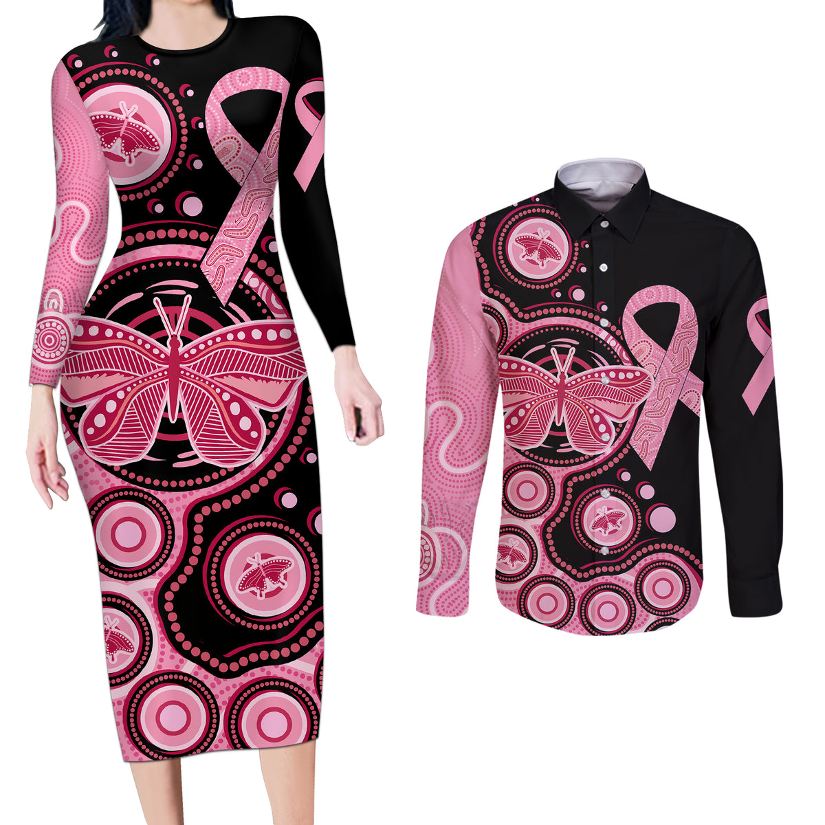 australia-indigenous-couples-matching-long-sleeve-bodycon-dress-and-long-sleeve-button-shirts-breast-cancer-ribbon-butterfly-aboriginal-arts