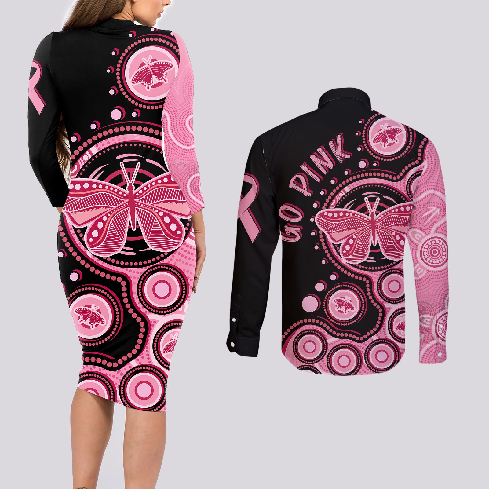 australia-indigenous-couples-matching-long-sleeve-bodycon-dress-and-long-sleeve-button-shirts-breast-cancer-ribbon-butterfly-aboriginal-arts