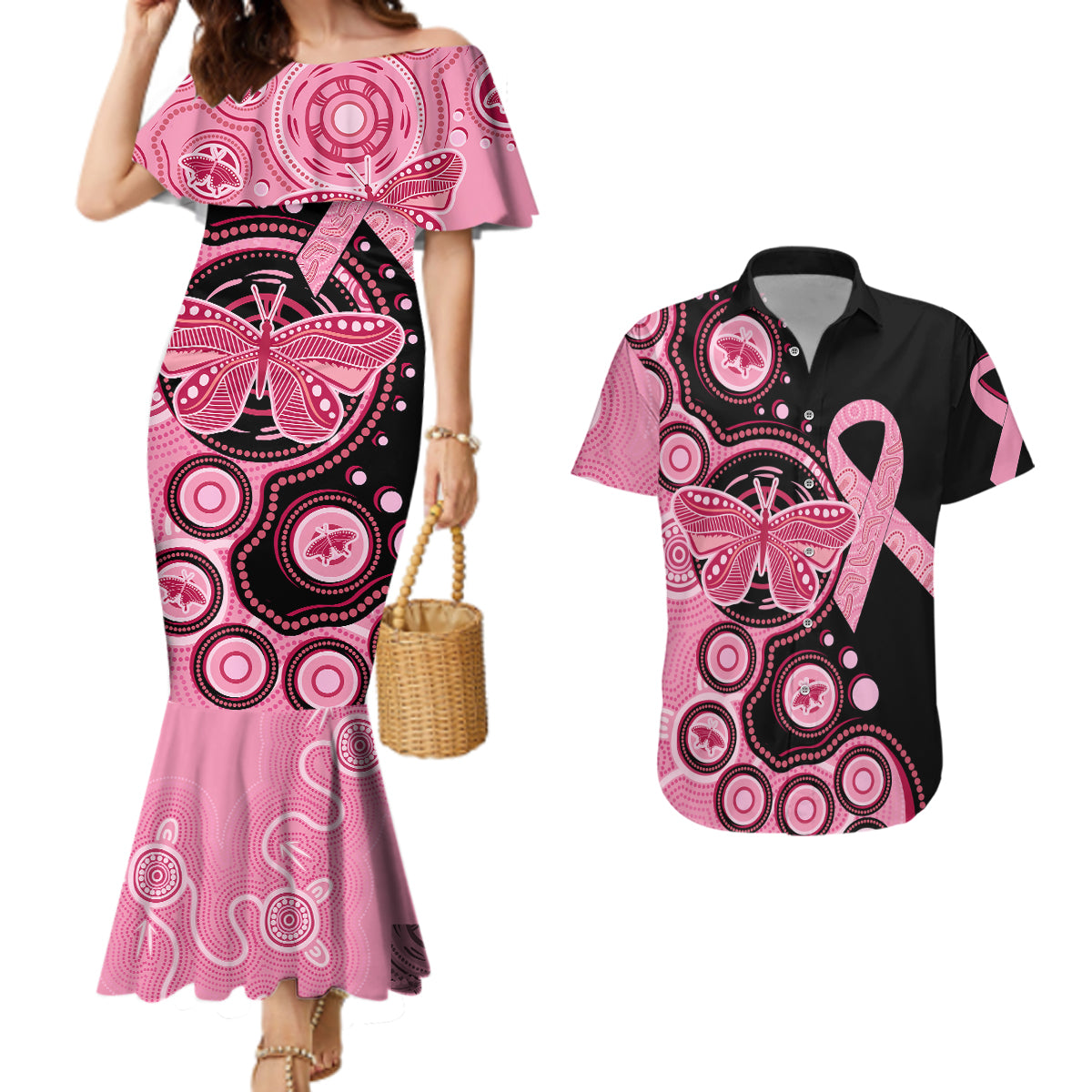 australia-indigenous-couples-matching-mermaid-dress-and-hawaiian-shirt-breast-cancer-ribbon-butterfly-aboriginal-arts